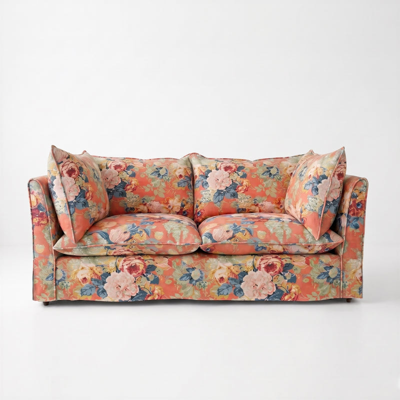 Coco 2.5 seater sofa with Knife Edge cushion in English Garden Coral Orange  - Hand Made in USA