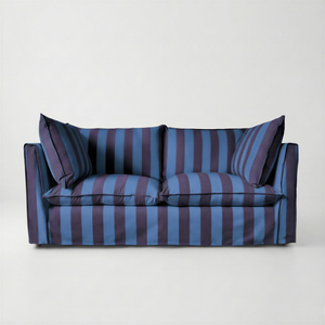 Coco 2.5 seater sofa with Self Piped Knife Edge cushion in Coastal Blue Stripes - Hand Made in USA