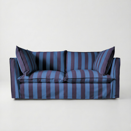 Coco 2.5 seater sofa with Self Piped Knife Edge cushion in Coastal Blue Stripes - Hand Made in USA