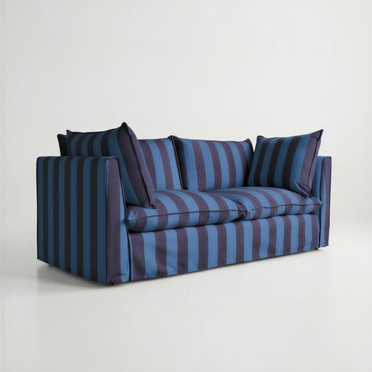 Coco 2.5 seater sofa with Self Piped Knife Edge cushion in Coastal Blue Stripes - Hand Made in USA