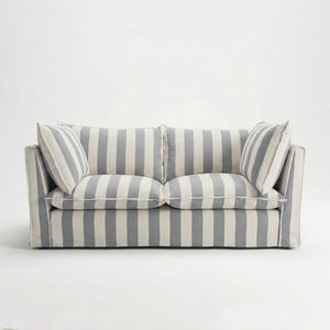 Coco 2.5 seater sofa with Self Piped Knife Edge cushion in Stripes Garden Grey  - Hand Made in USA