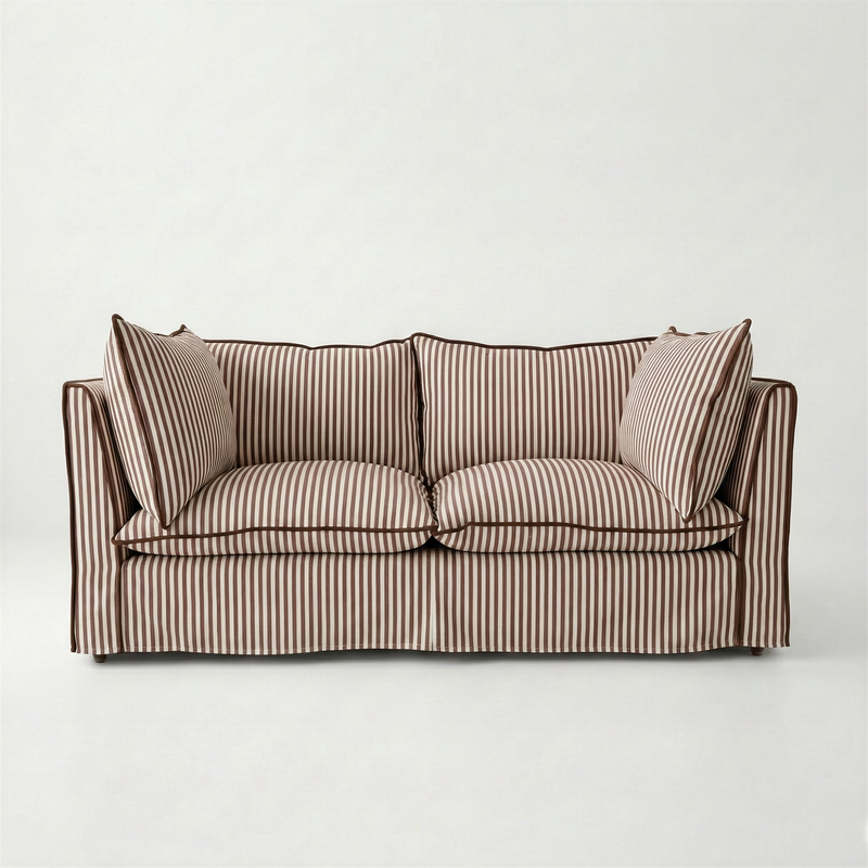 Coco 2.5 seater sofa with Knife Edge cushion in Narrow Chocolate Stripes - Hand Made in USA