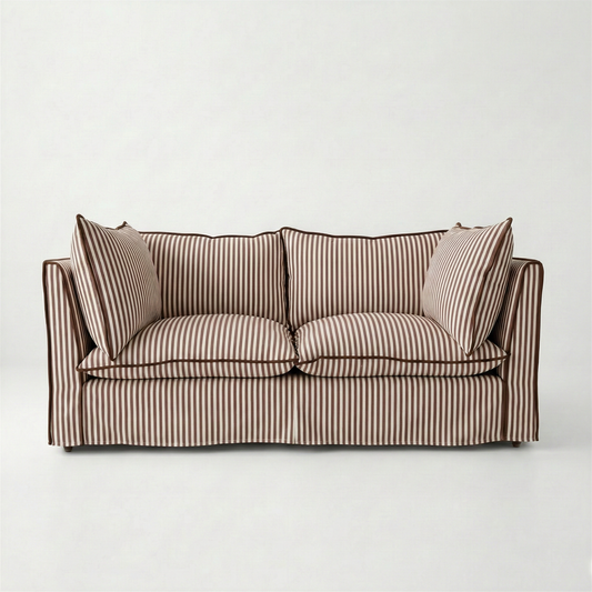 Coco 2.5 seater sofa with Knife Edge cushion in Narrow Chocolate Stripes - Hand Made in USA