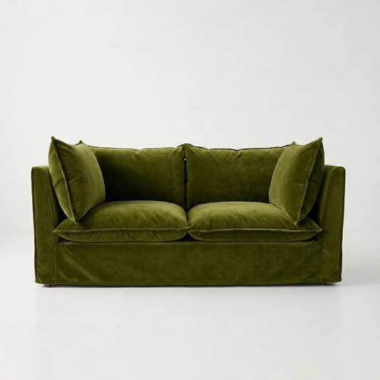 Coco 2.5 seater sofa with Self Piped Knife Edge cushion in Pelham Moss Velvet - Hand Made in USA