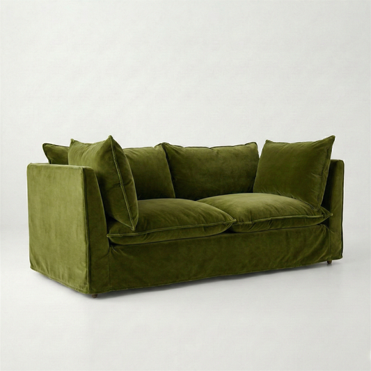 Coco 2.5 seater sofa with Self Piped Knife Edge cushion in Pelham Moss Velvet - Hand Made in USA