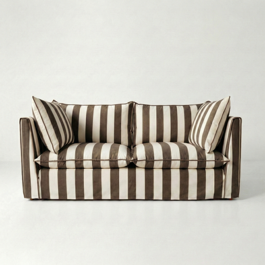 Coco 2.5 seater sofa with Knife Edge cushion in Stripe Chocolate - Hand Made in USA