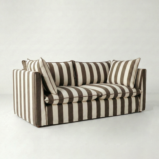 Coco 2.5 seater sofa with Knife Edge cushion in Stripe Chocolate - Hand Made in USA