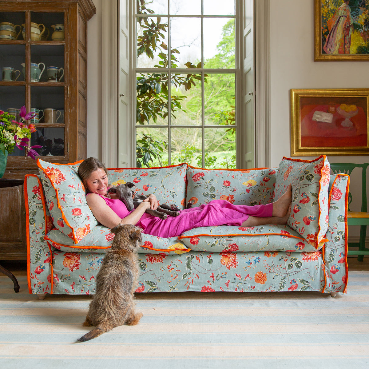 Coco 3 seater sofa with Contrast Welt Knife Edge cushion in Andrew Martin Wildwood Duck Egg  - Hand Made in USA