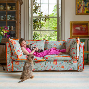 Coco 3 seater sofa with Contrast Welt Knife Edge cushion in Andrew Martin Wildwood Duck Egg  - Hand Made in USA