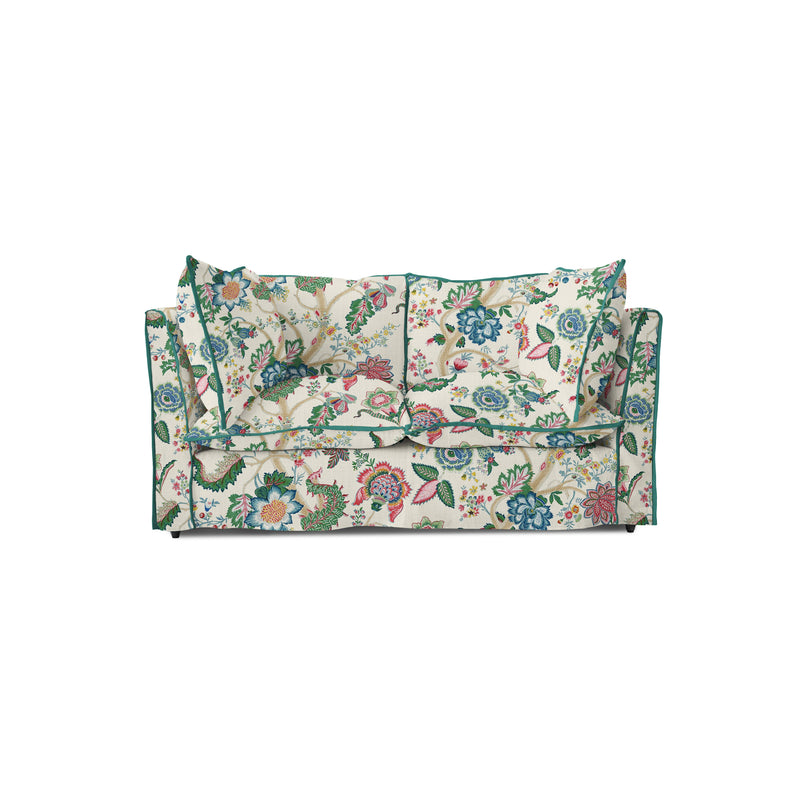 Coco 2 seater sofa with Knife Edge cushion in Kitty Spring Green with Velvet Trim - Hand Made in USA