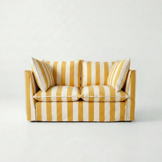 Coco 2 seater sofa with Knife Edge cushion in Stripes Dandelion - Hand Made in USA