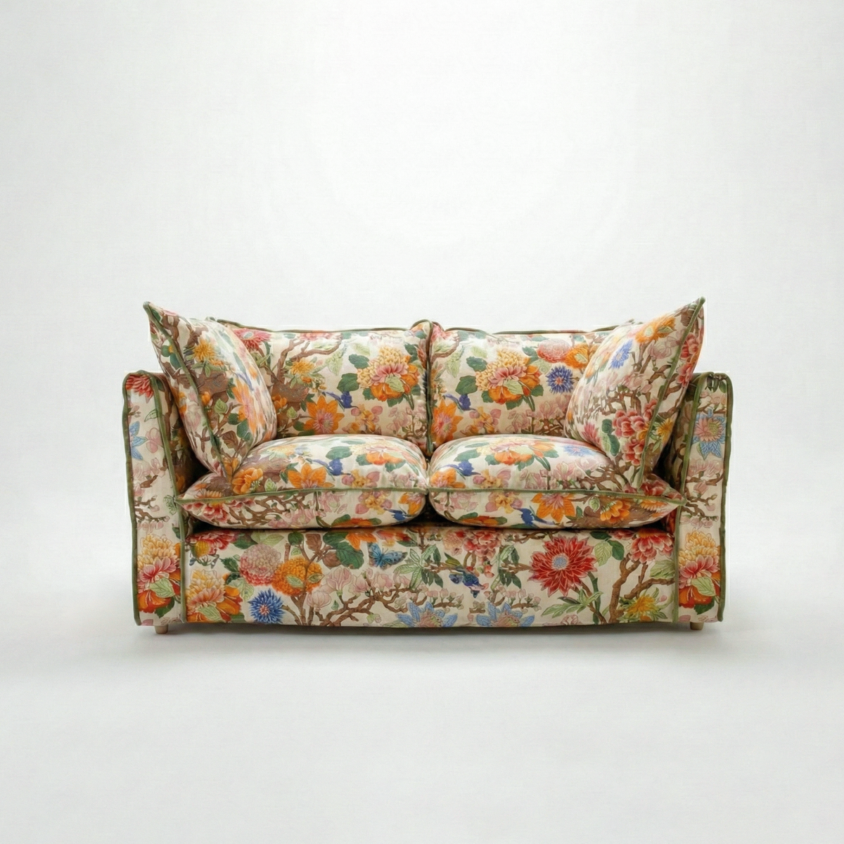 Coco 2 seater sofa with Contrast Welt Knife Edge cushion in GP & J Baker Magnolia Cream Blue - Hand Made in USA