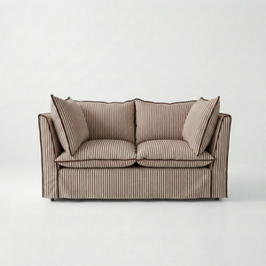 Coco 2 seater sofa with Knife Edge cushion in Narrow Chocolate Stripes - Hand Made in USA