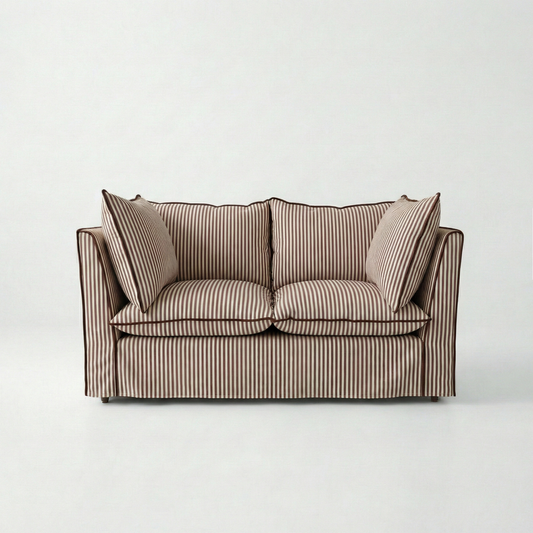 Coco 2 seater sofa with Knife Edge cushion in Narrow Chocolate Stripes - Hand Made in USA