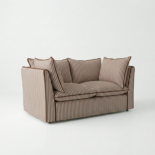Coco 2 seater sofa with Knife Edge cushion in Narrow Chocolate Stripes - Hand Made in USA