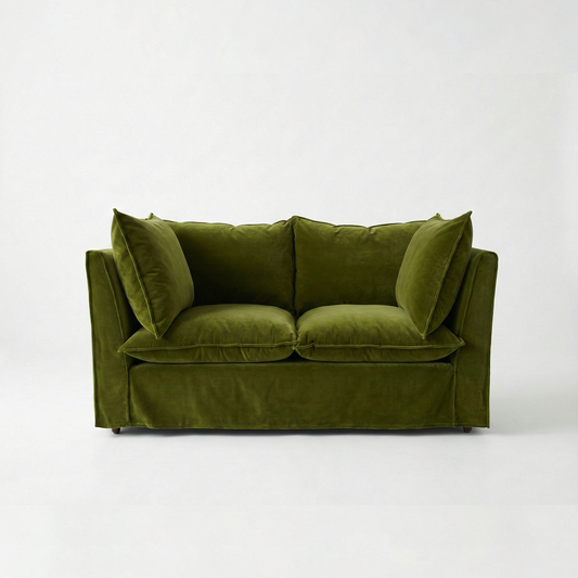 Coco 2 seater sofa with Knife Edge cushion in Pelham Moss Velvet - Hand Made in USA