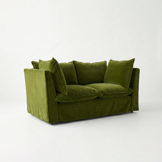 Coco 2 seater sofa with Knife Edge cushion in Pelham Moss Velvet - Hand Made in USA