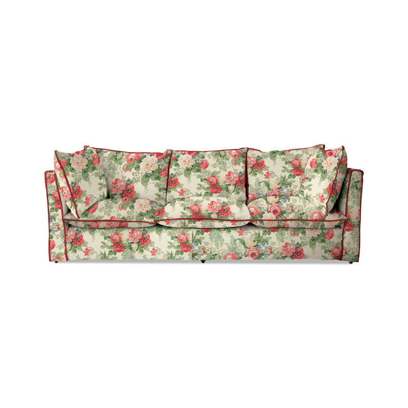 Coco 3.5 seater sofa with Knife Edge cushion in English Garden Classic Rose with Velvet Trim  - Hand Made in USA