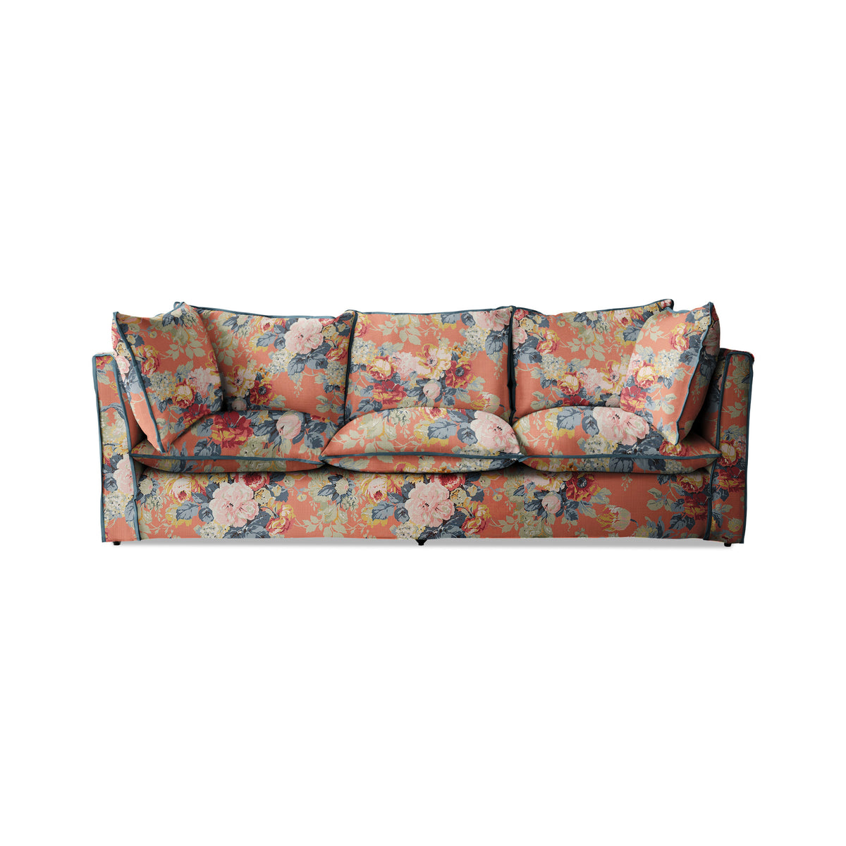 Coco 3.5 seater sofa with Knife Edge cushion in English Garden Coral Orange with Velvet Trim - Hand Made in USA