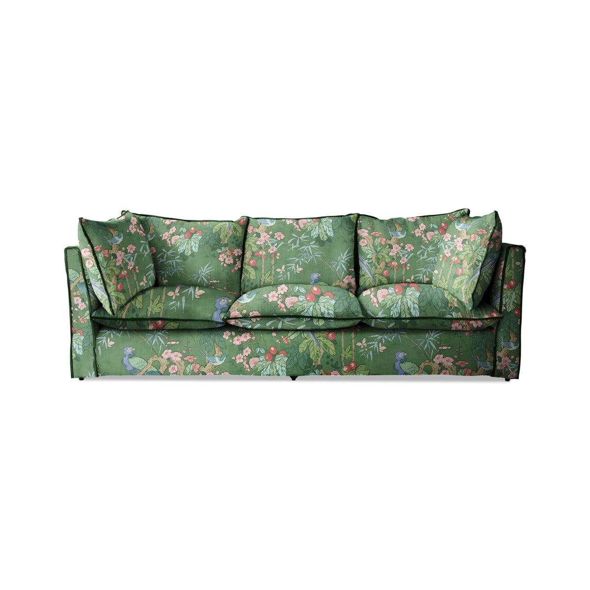 Coco 3.5 seater sofa with Knife Edge cushion in Belleville Juniper with Velvet Trim - Hand Made in USA