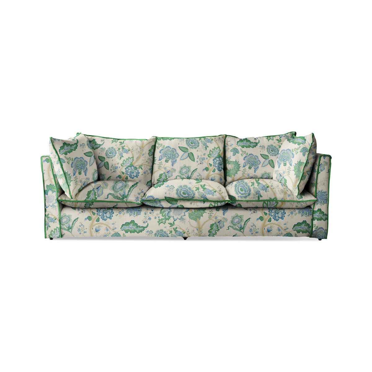 Coco 3.5 seater sofa with Knife Edge cushion in Kitty Blue Green with Parakeet Velvet Trim  - Hand Made in USA