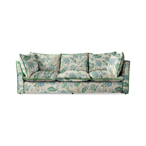 Coco 3.5 seater sofa with Knife Edge cushion in Kitty Blue Green with Parakeet Velvet Trim  - Hand Made in USA