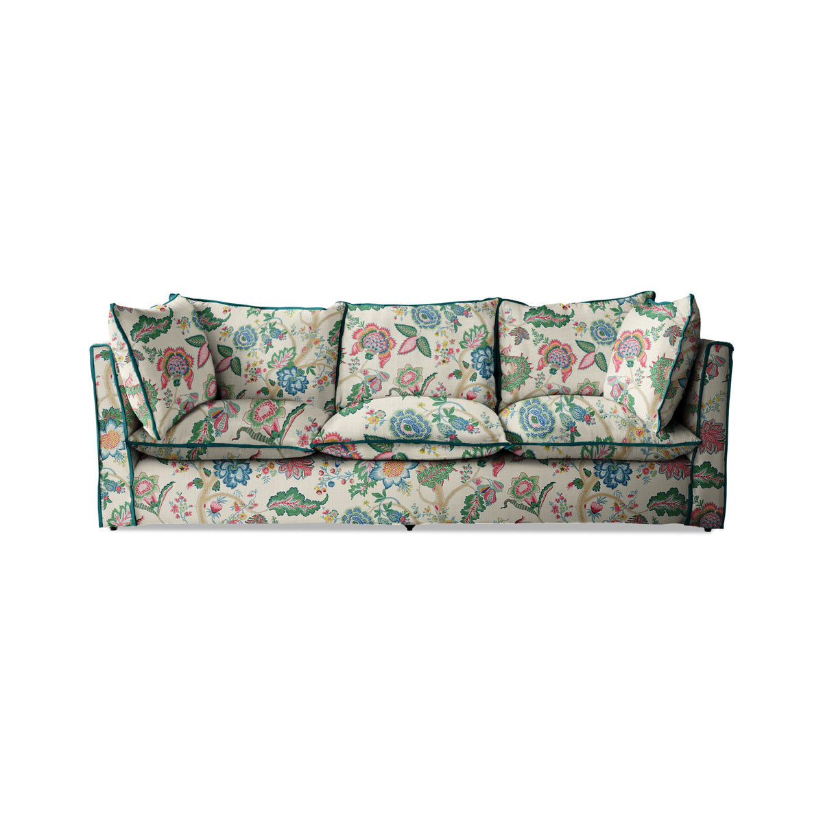 Coco 3.5 seater sofa with Knife Edge cushion in Kitty Spring Green with Lagoon Velvet Trim  - Hand Made in USA