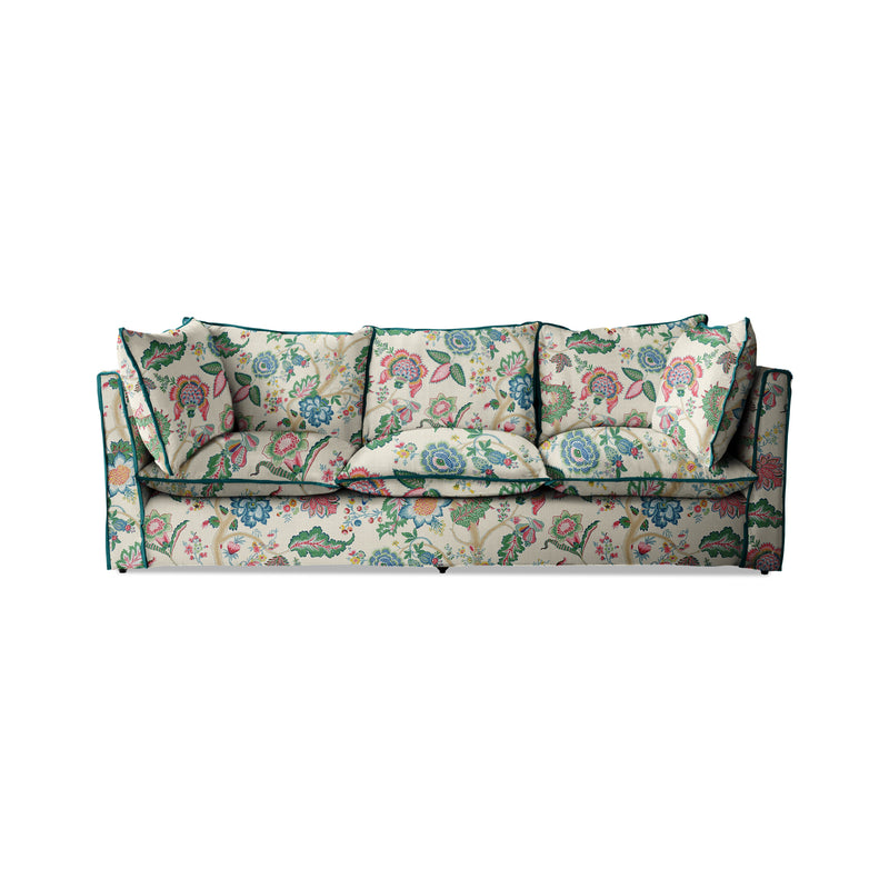 Coco 3.5 seater sofa with Knife Edge cushion in Kitty Spring Green with Lagoon Velvet Trim  - Hand Made in USA