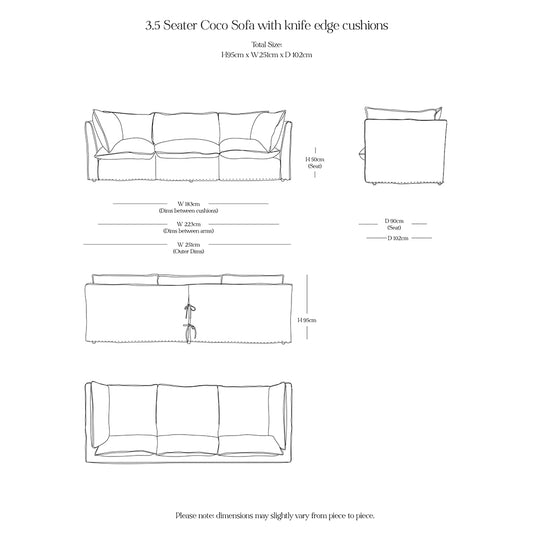 Coco 3.5 seater sofa with Self Piped Knife Edge cushion in Natural Linen  - Hand Made in USA