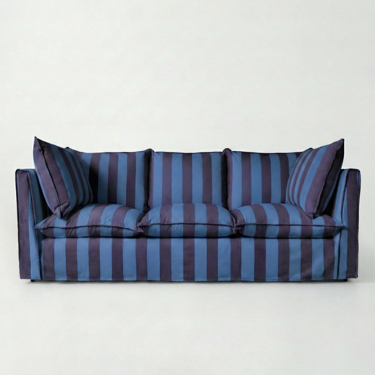 Coco 3.5 seater sofa with Self Piped Knife Edge cushion in Coastal Blue Stripes - Hand Made in USA