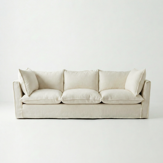 Coco 3.5 seater sofa with Self Piped Knife Edge cushion in Cotton Linen Cool Coconut  - Hand Made in USA