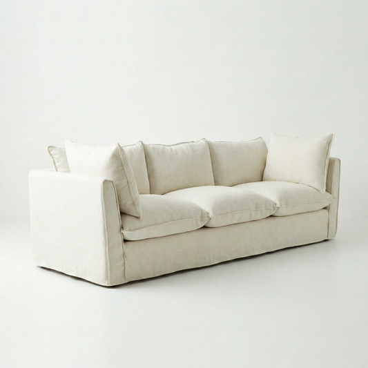 Coco 3.5 seater sofa with Self Piped Knife Edge cushion in Cotton Linen Cool Coconut  - Hand Made in USA