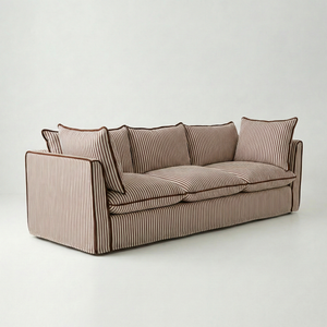 Coco 3.5 seater sofa with Self Piped Knife Edge cushion in Narrow Chocolate Stripes - Hand Made in USA