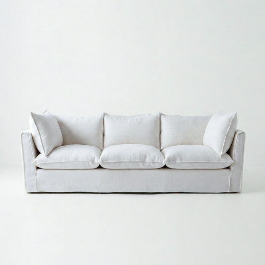 Coco 3.5 seater sofa with Self Piped Knife Edge cushion in Cotton Linen Snow Drop  - Hand Made in USA