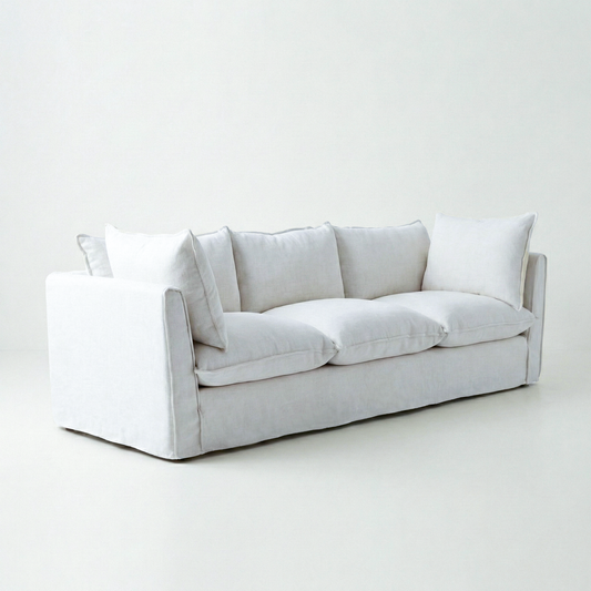 Coco 3.5 seater sofa with Self Piped Knife Edge cushion in Cotton Linen Snow Drop  - Hand Made in USA