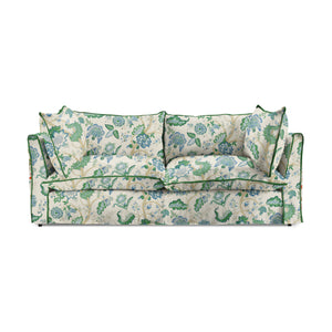 Coco 3 seater sofa with Knife Edge cushion in Kitty Blue Green with Parakeet Velvet Trim - Hand Made in USA