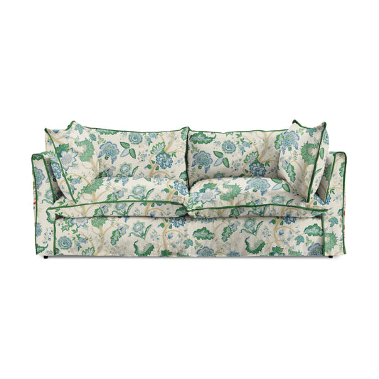Coco 3 seater sofa with Knife Edge cushion in Kitty Blue Green with Parakeet Velvet Trim - Hand Made in USA