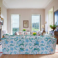 Coco 3.5 seater sofa with Knife Edge cushion in Kitty Blue Green with Parakeet Velvet Trim  - Hand Made in USA