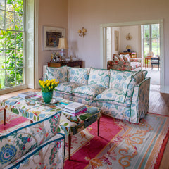 Coco 3.5 seater sofa with Knife Edge cushion in Kitty Blue Green with Parakeet Velvet Trim  - Hand Made in USA