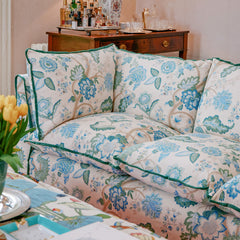 Coco 3.5 seater sofa with Knife Edge cushion in Kitty Blue Green with Parakeet Velvet Trim  - Hand Made in USA