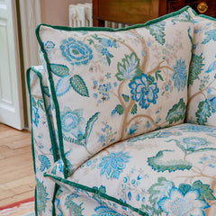 Coco 3.5 seater sofa with Knife Edge cushion in Kitty Blue Green with Parakeet Velvet Trim  - Hand Made in USA