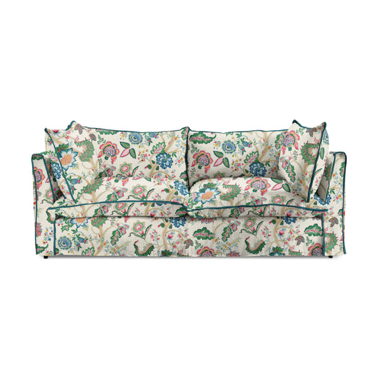 Coco 3 seater sofa with Knife Edge cushion in Kitty Spring Green with Lagoon Velvet Trim - Hand Made in USA