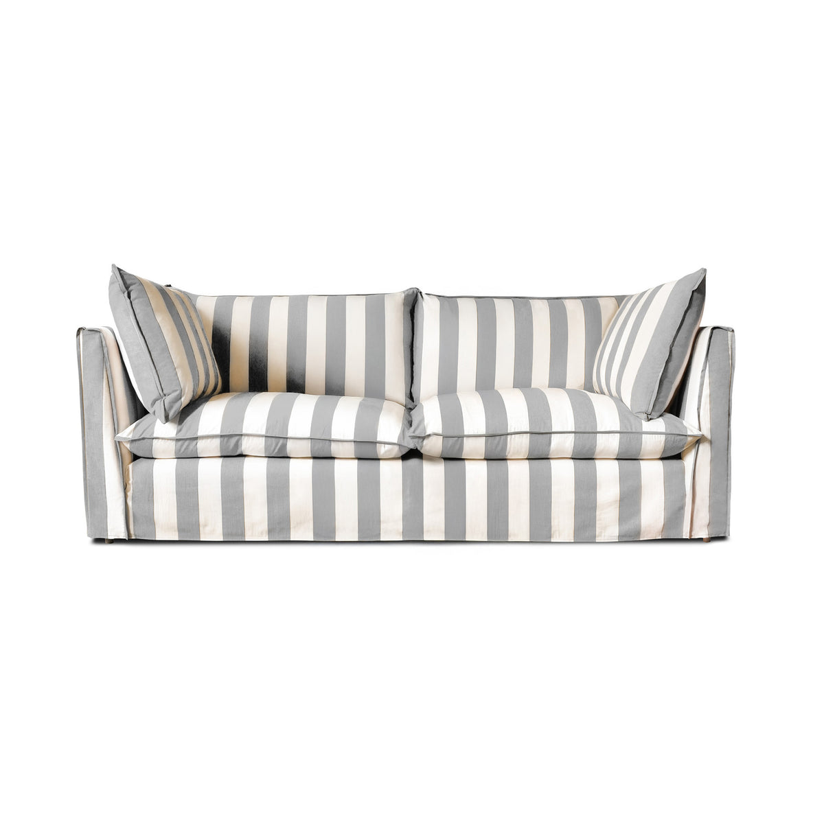 Coco 3 seater sofa with Self Piped Knife Edge cushion in Stripes Garden Grey  - Hand Made in USA