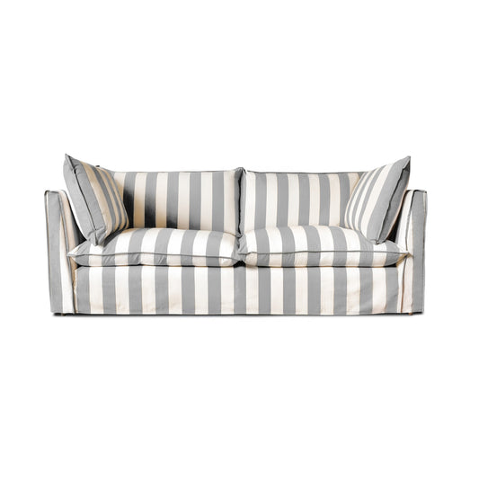 Coco 3 seater sofa with Self Piped Knife Edge cushion in Stripes Garden Grey  - Hand Made in USA (Available for Quick Ship)