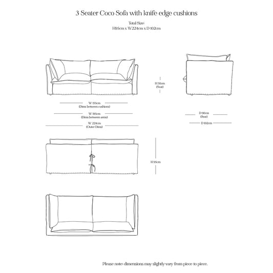 Coco 3 seater sofa with Self Piped Knife Edge cushion in Indigo Linen  - Hand Made in USA (Available for Quick Ship)