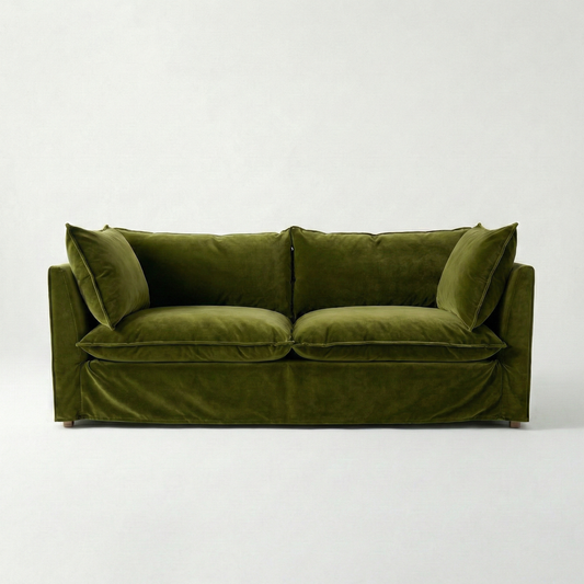 Coco 3 seater sofa with Knife Edge cushion in Pelham Moss Velvet - Hand Made in USA