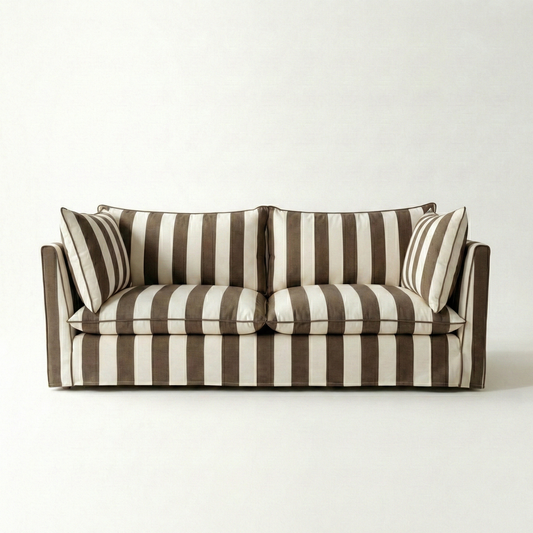 Coco 3 seater sofa with Knife Edge cushion in Stripe Chocolate - Hand Made in USA
