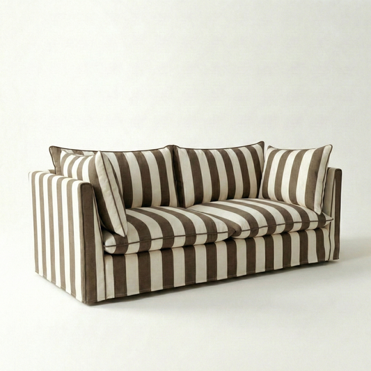 Coco 3 seater sofa with Knife Edge cushion in Stripe Chocolate - Hand Made in USA