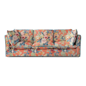 Coco 4 seater sofa with Knife Edge cushion in English Garden Coral Orange with Velvet Trim - Hand Made in USA