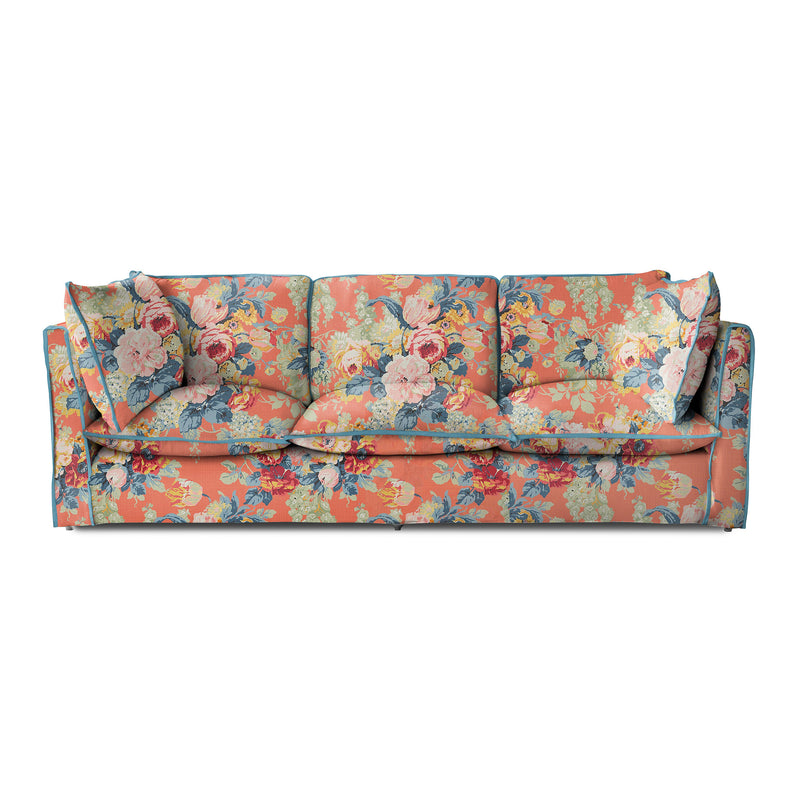Coco 4 seater sofa with Knife Edge cushion in English Garden Coral Orange with Velvet Trim - Hand Made in USA